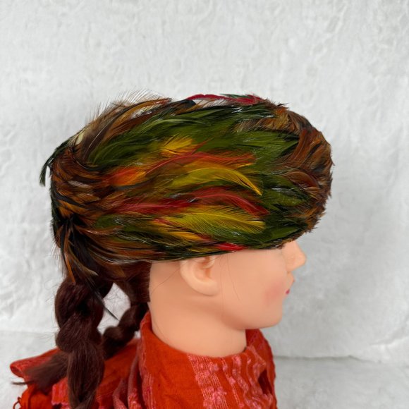 Vintage 1950s Feathered Pill Box Hat Multicolor Feathers Pheasant main image 4